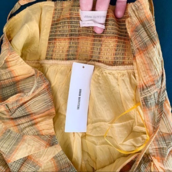 Urban Outfitters | Lorelei Crinkle Cotton Romper Plaid Yellow Orange Green Small - Picture 14 of 16